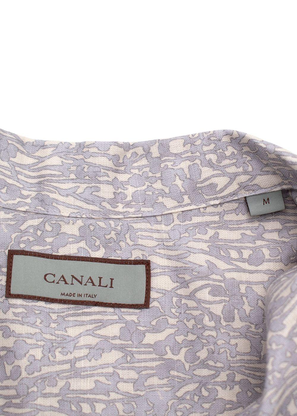 Canali Grey Botanical Pattern Short Sleeve Linen Shirt