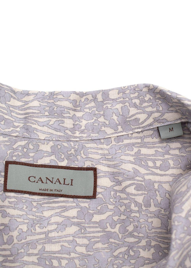 Canali Grey Botanical Pattern Short Sleeve Linen Shirt
