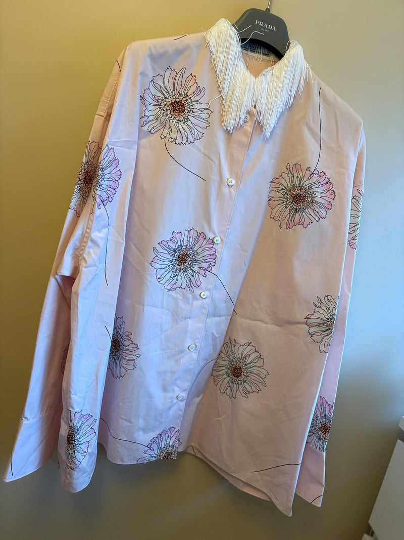 Prada Gerbera Print Fringe Collar Cotton Shirt