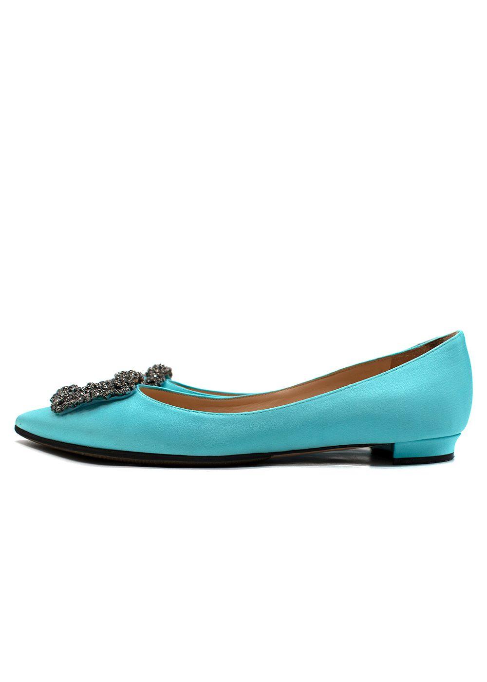 Manolo Blahnik Turquoise Flat Crystal Embellished Buckle