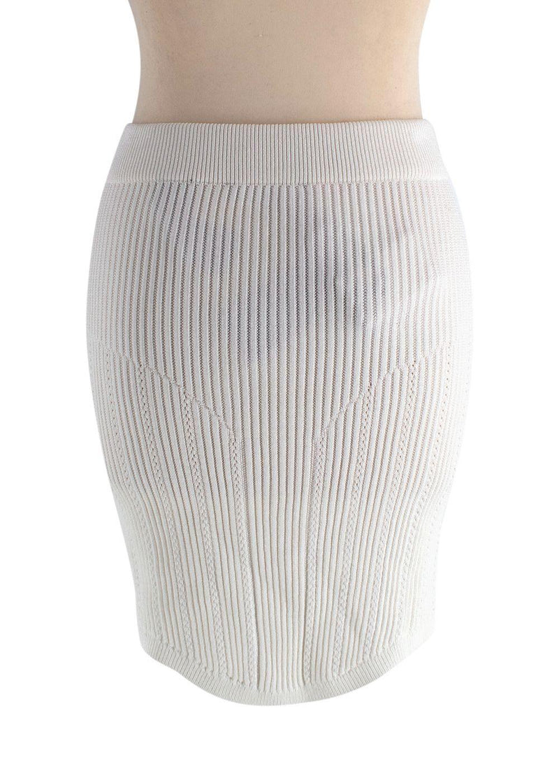 Balmain Cream Ribbed Knit Mini Skirt with Gold Button Detail