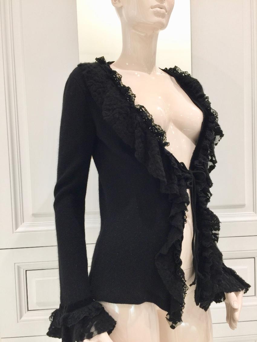 Blumarine Black Angora Wool & Leavers Lace Soft Jacket Cardigan