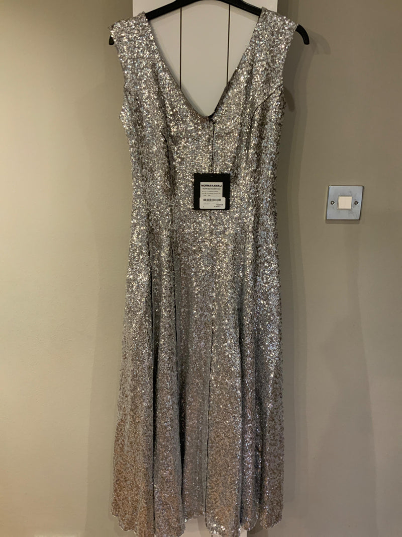 Norma Kamali Silver Sequin Overlapping Grace Dress