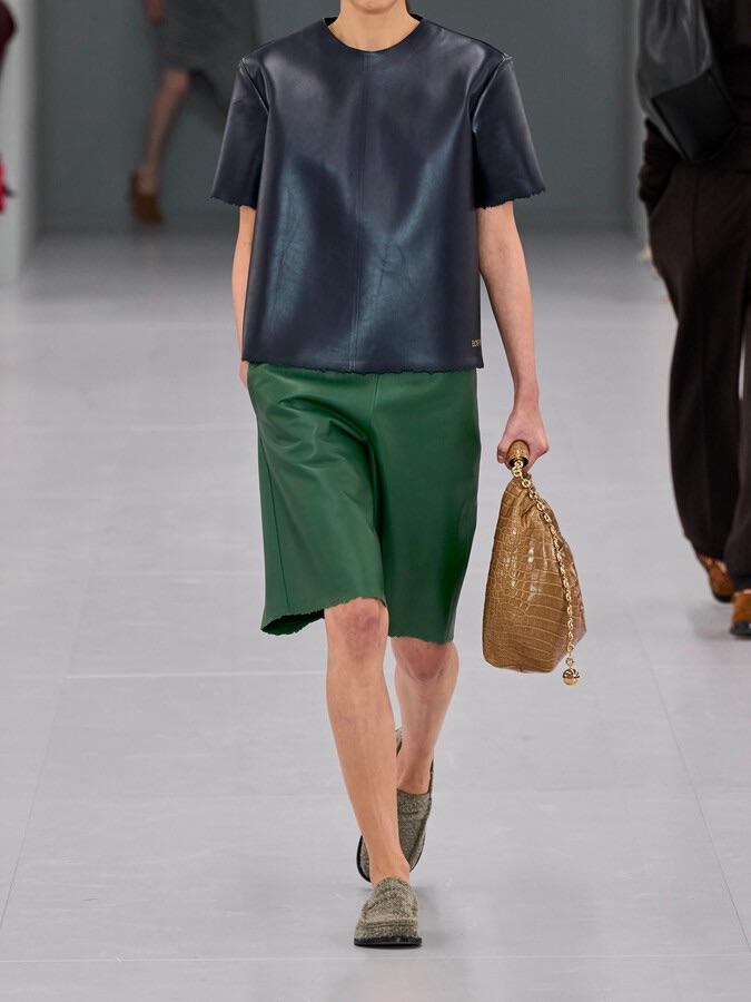 Loewe Green Distressed Leather Shorts