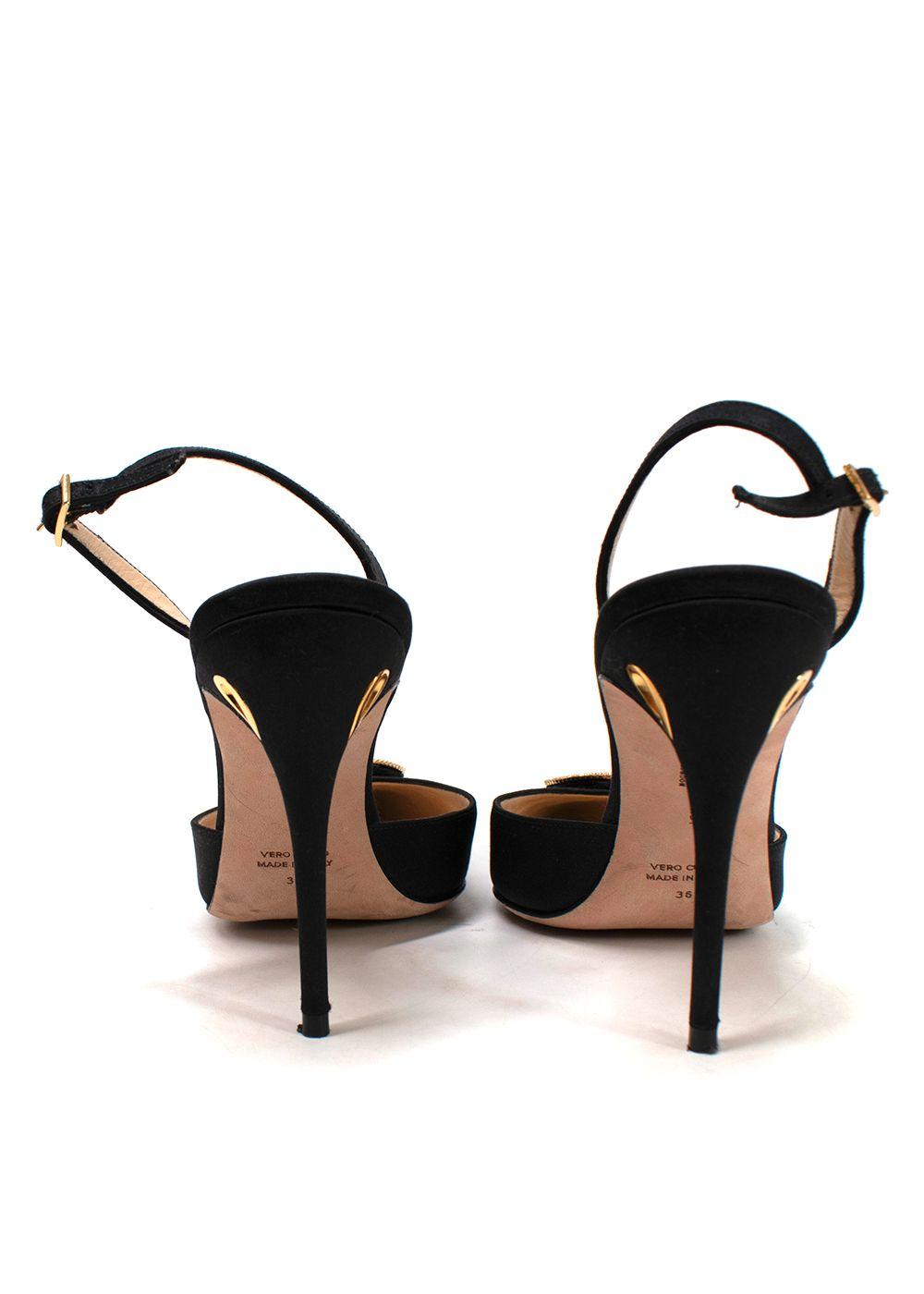 Jennifer Chamandi Black Satin Crystal Buckle Slingback Pumps