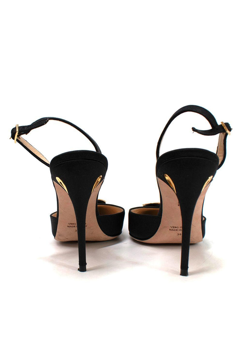 Jennifer Chamandi Black Satin Crystal Buckle Slingback Pumps
