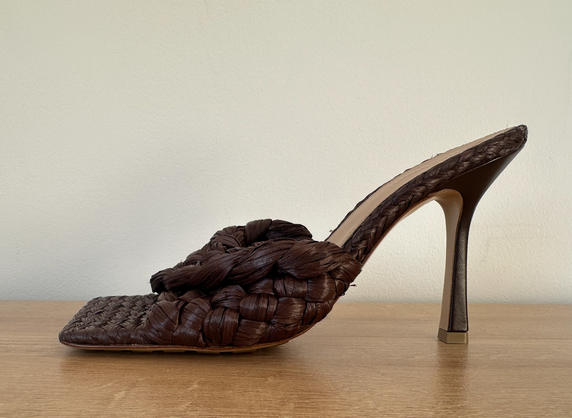 Brown Rafia Intrecciato Stretch Heeled Mules