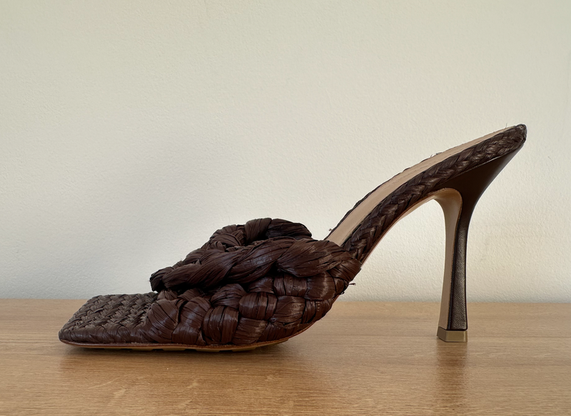 Brown Rafia Intrecciato Stretch Heeled Mules
