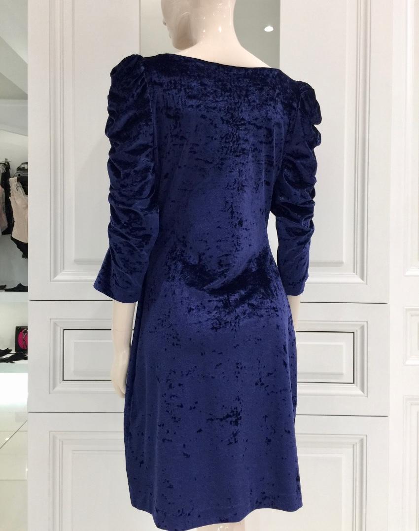 French Couture Navy Blue Panne Velvet Square Neck Dress