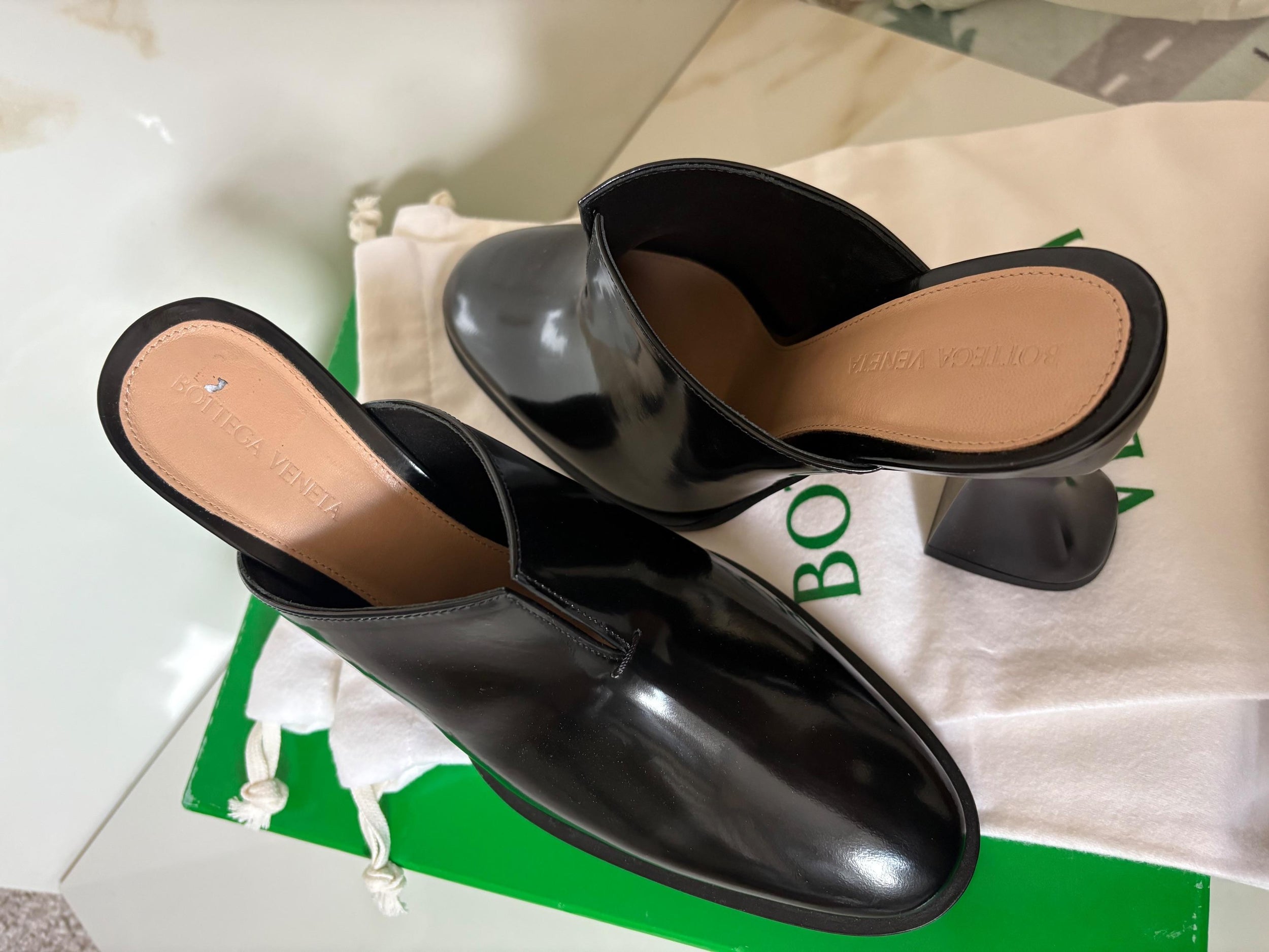 Bottega Veneta Black Patent Leather Cha Cha Mules