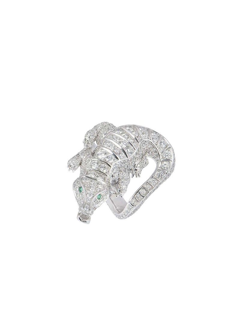 18ct white gold, diamond & emerald alligator dress ring 5.75ct 63.5EU