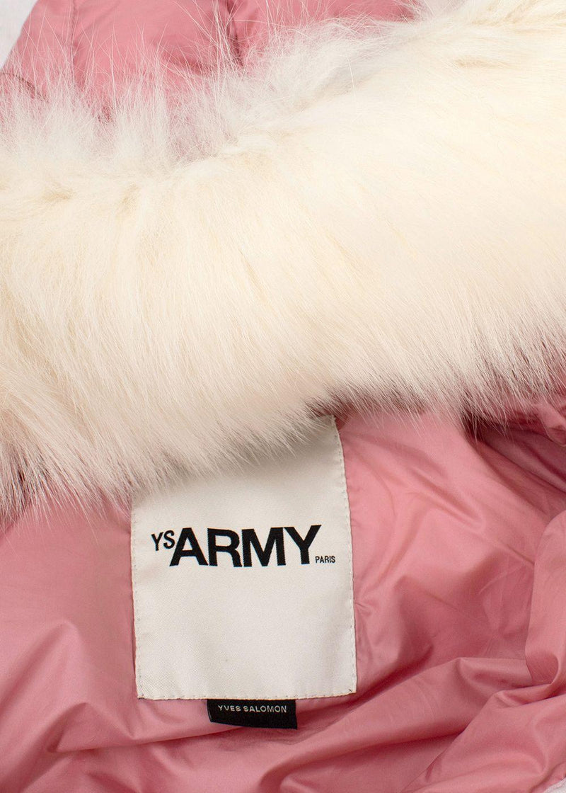 Yves Salomon Army Pink Puffer Jacket with White Fur Trim