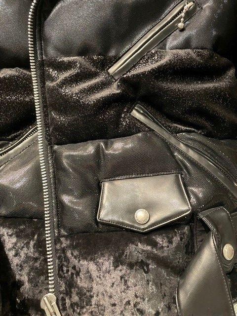 Black faux-leather & fabric patchwork padded biker jacket