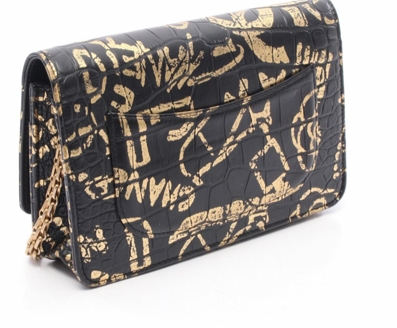 Chanel Pre-Fall 2019 Crocodile Embossed Calfskin Black and Gold Graffiti Bag with Gold Chain