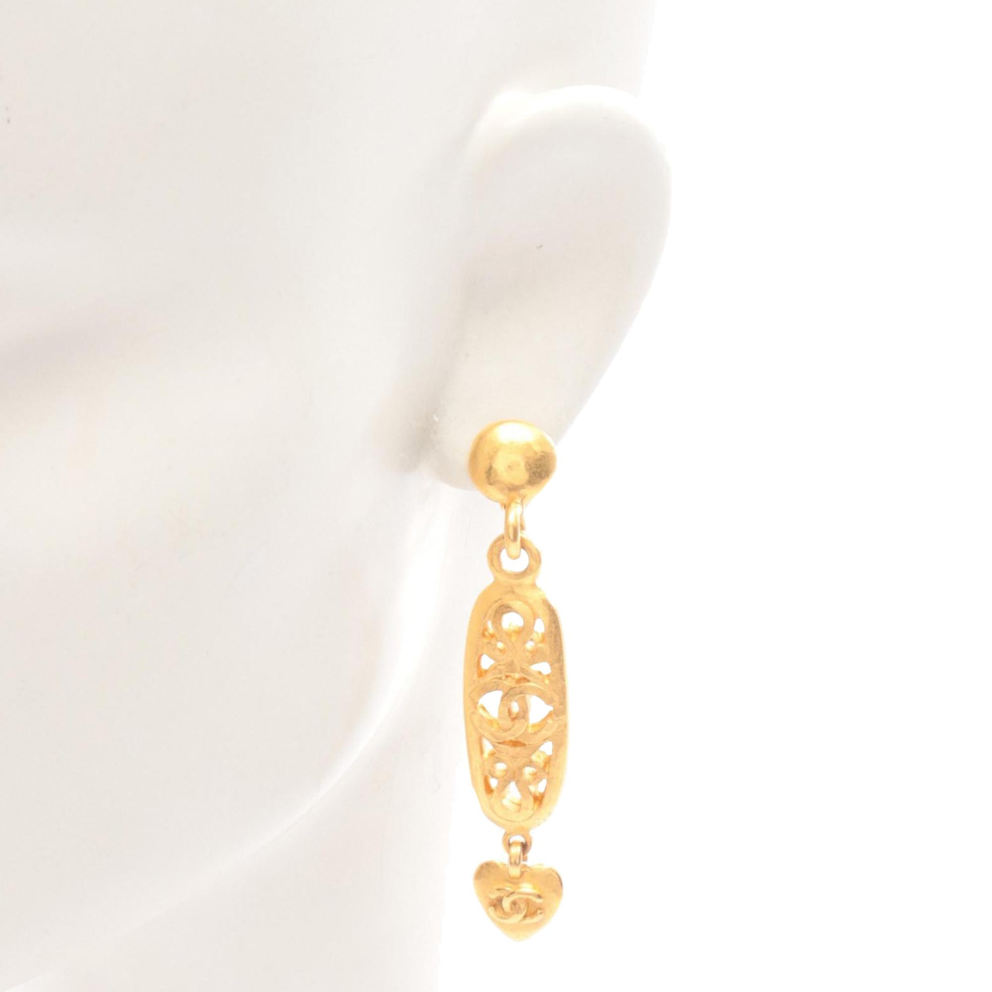 Chanel Gold Plated Heart Drop Clip on Earrings