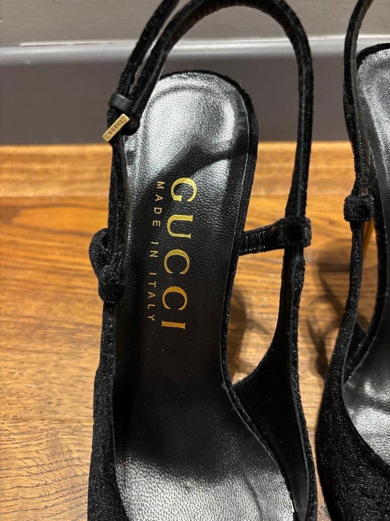 Gucci Black GG Velvet Heeled Sandals