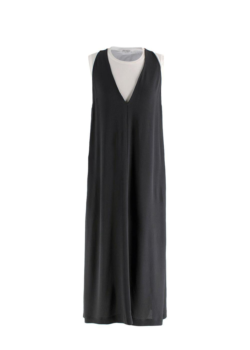 Brunello Cucinelli Double Layer White and Grey Crepe Dress