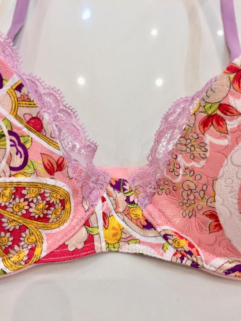 John Galliano Silk Jacquard Flower Power Print Bra & Thong Set