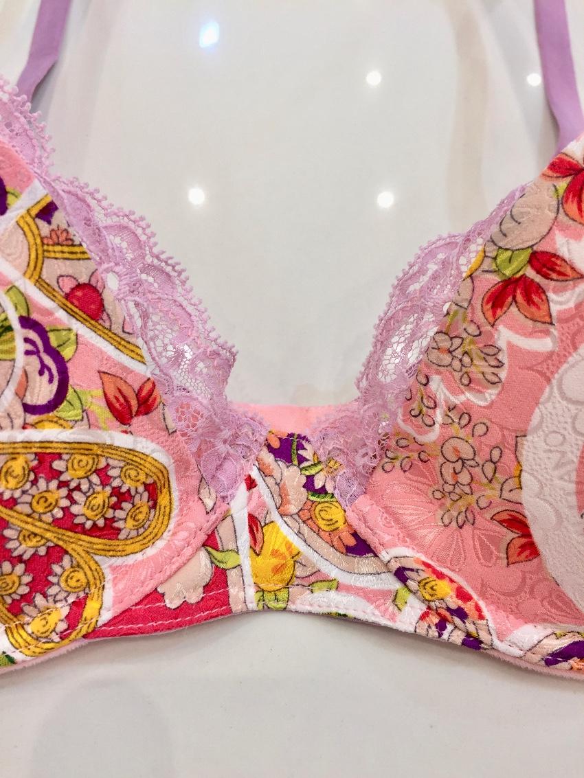 John Galliano Silk Jacquard Flower Power Print Bra & Thong Set