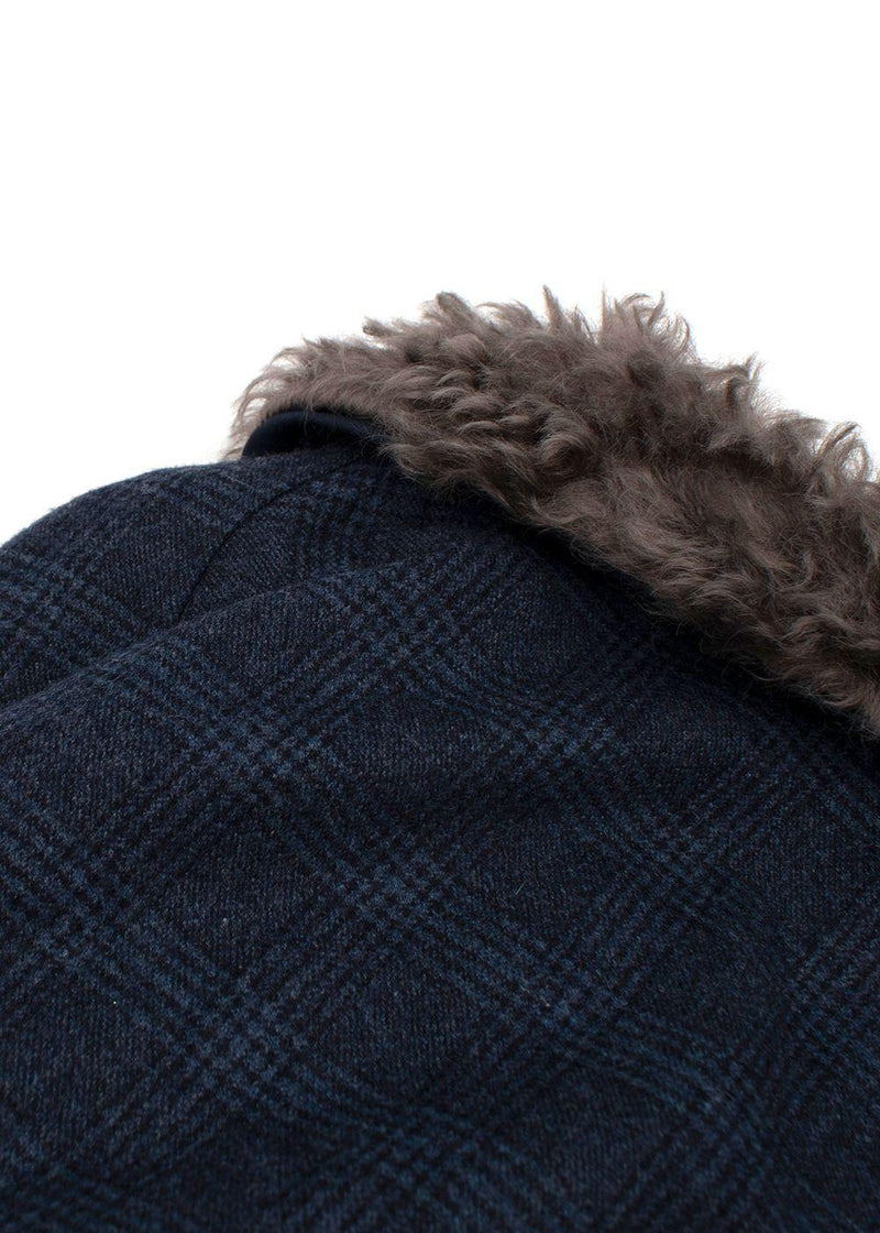 Double-Breasted Blue Checked Cape With Fur Collar