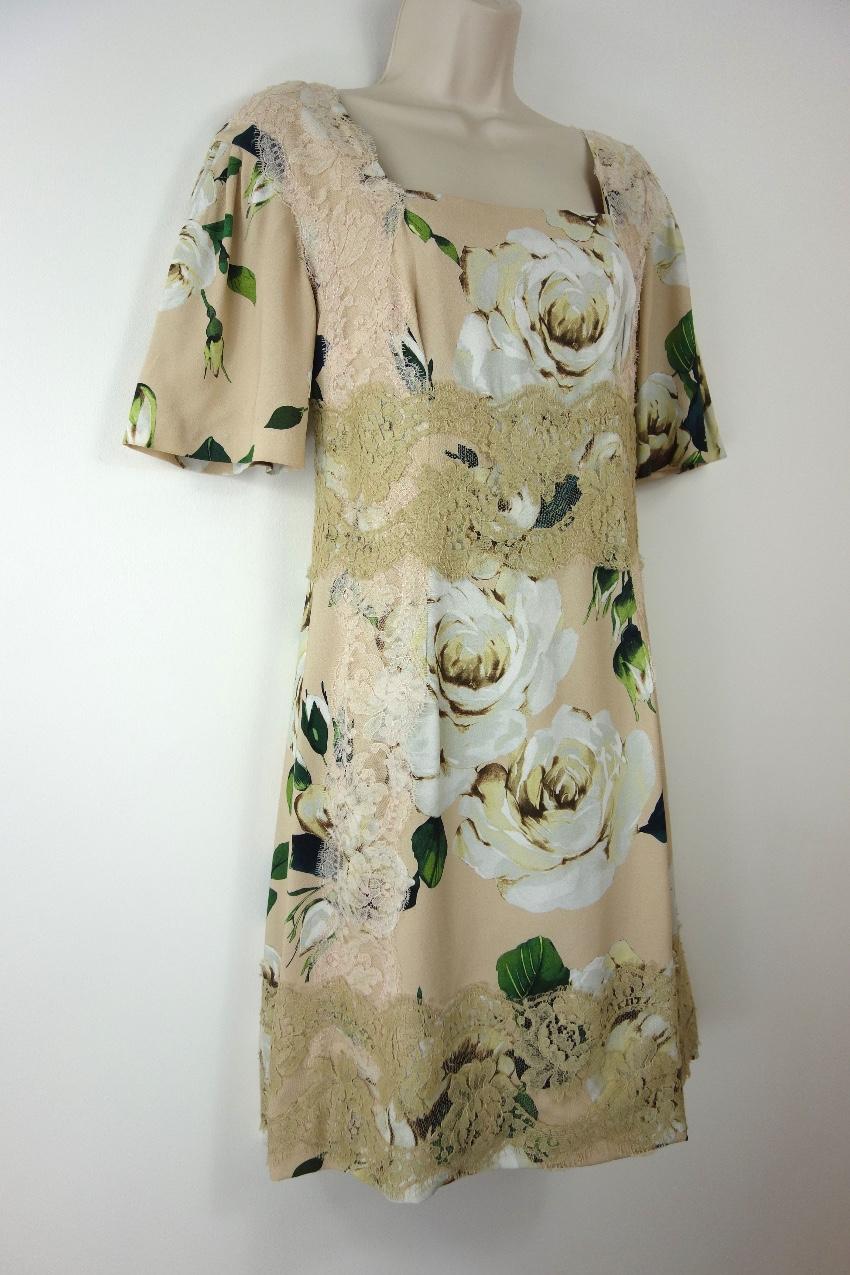 Dolce & Gabbana Beige Floral Print Lace Panelled Shift Dress