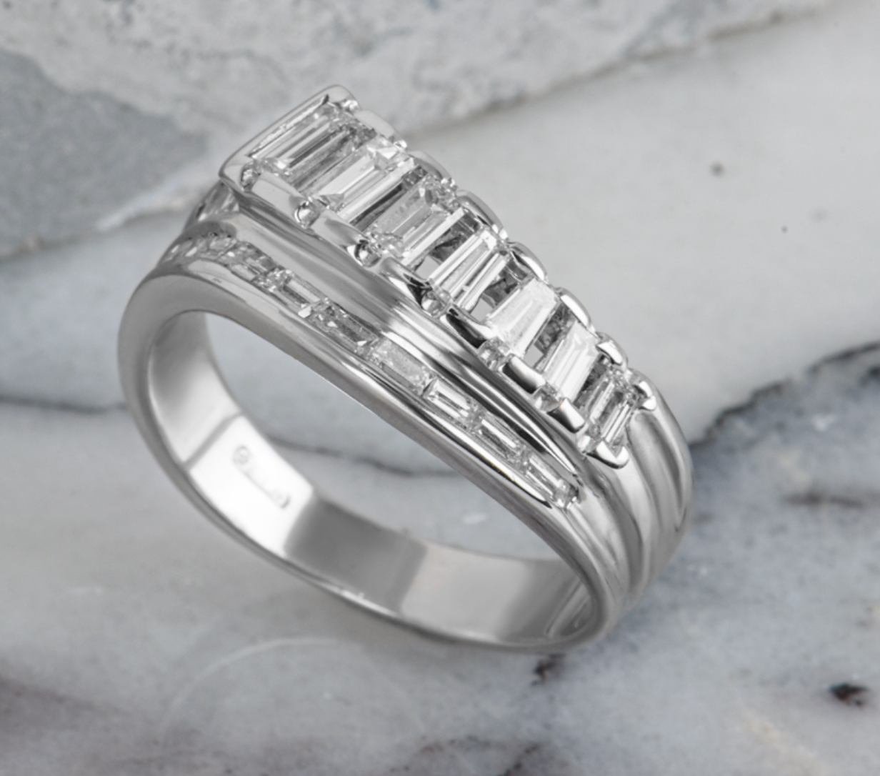 Baguette Cut Double Row 18kt White Gold Ring - Size M½