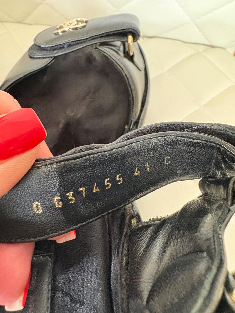 Chanel Black Leather Wedge Sandals