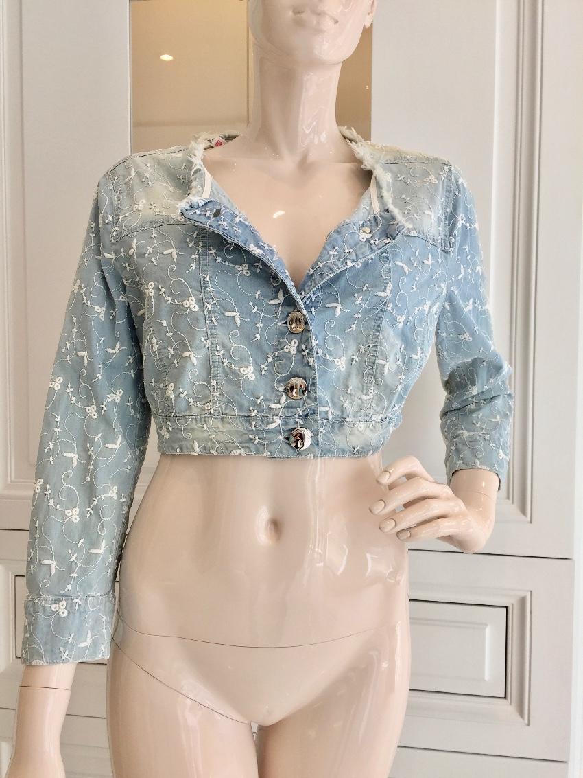Blumarine Filigree Embroidered Pale Blue Cropped Jacket