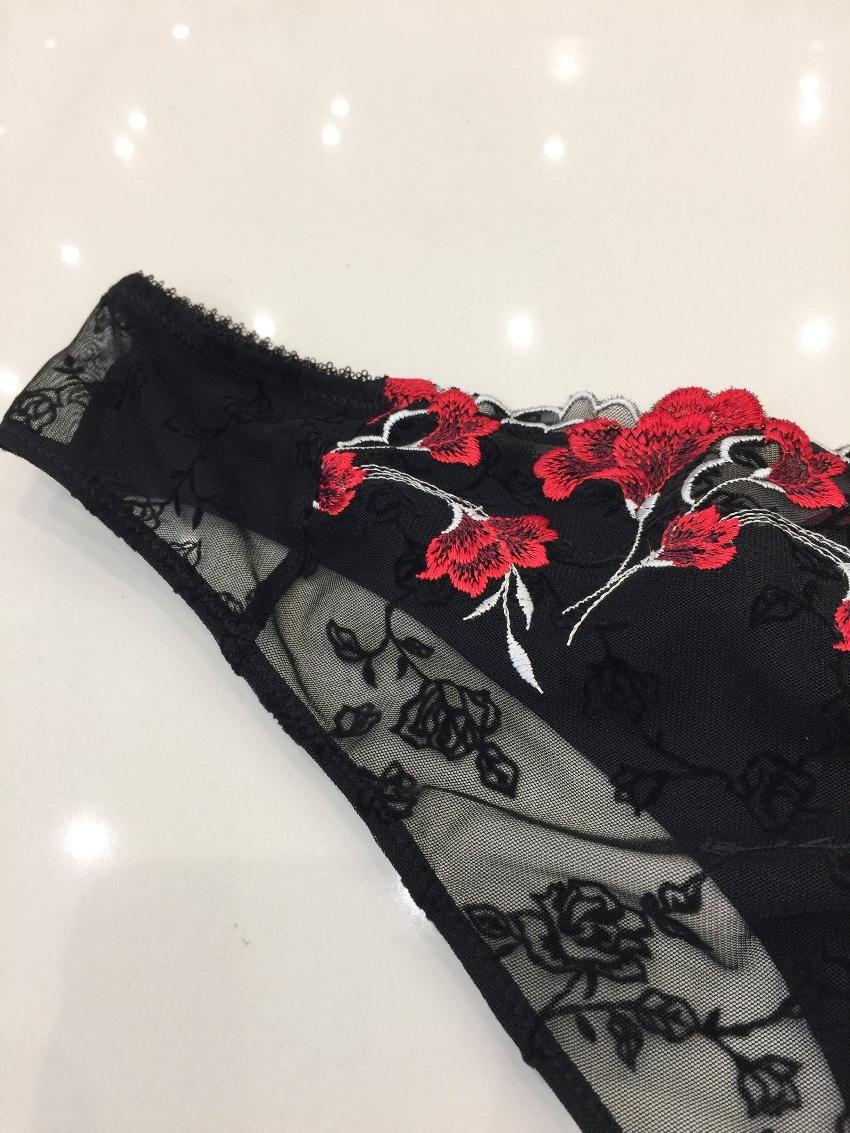 Millesia Embroidered Flowers Red & Black Padded Bra & Thong Set