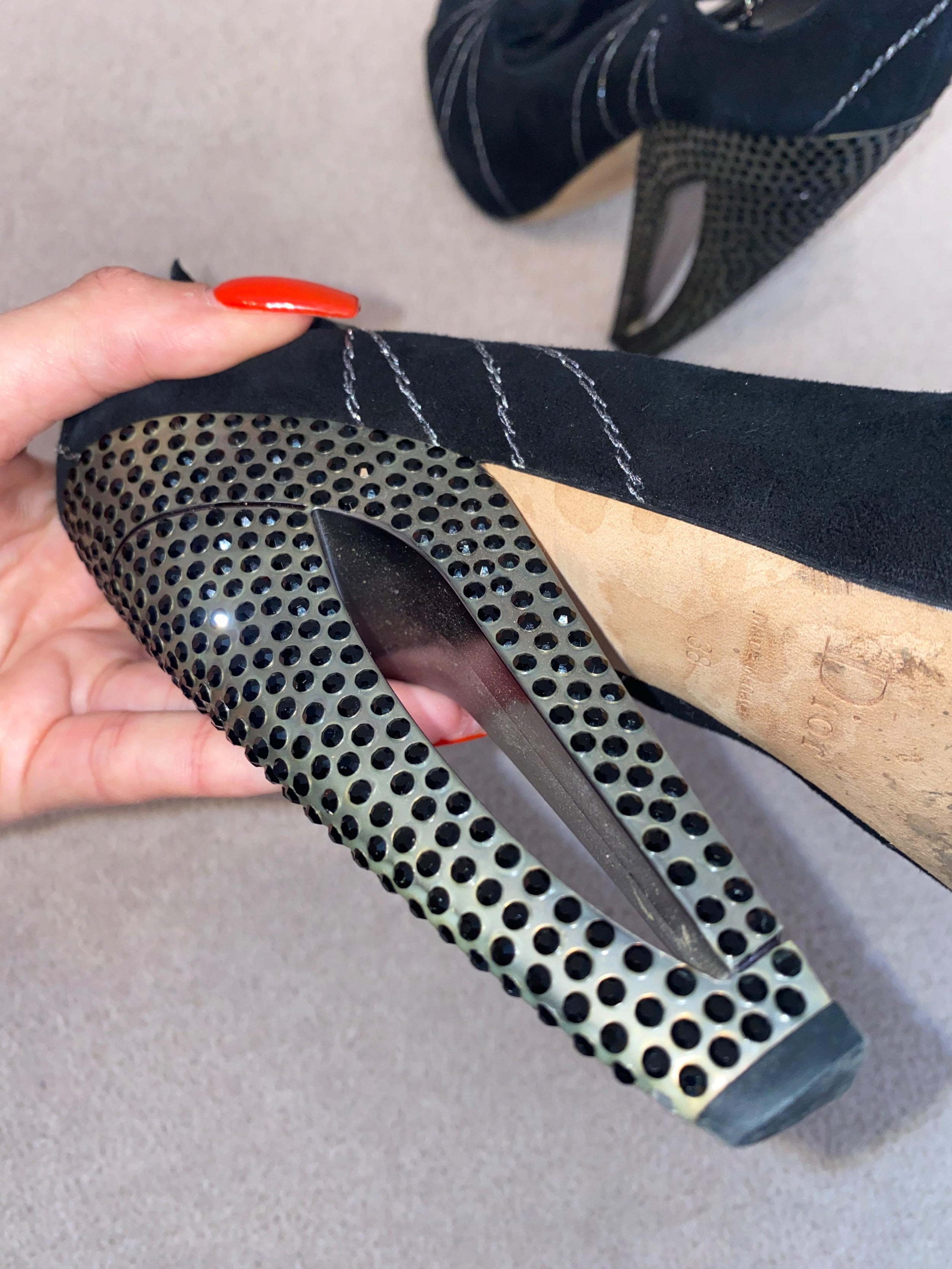 Vintage black suede & crystal cut-out heeled pumps