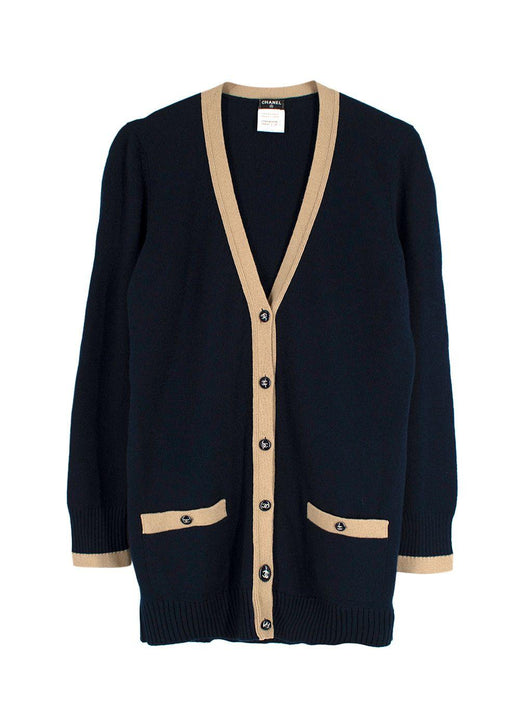 Chanel Contrast Trim Navy Cashmere Longline Cardigan