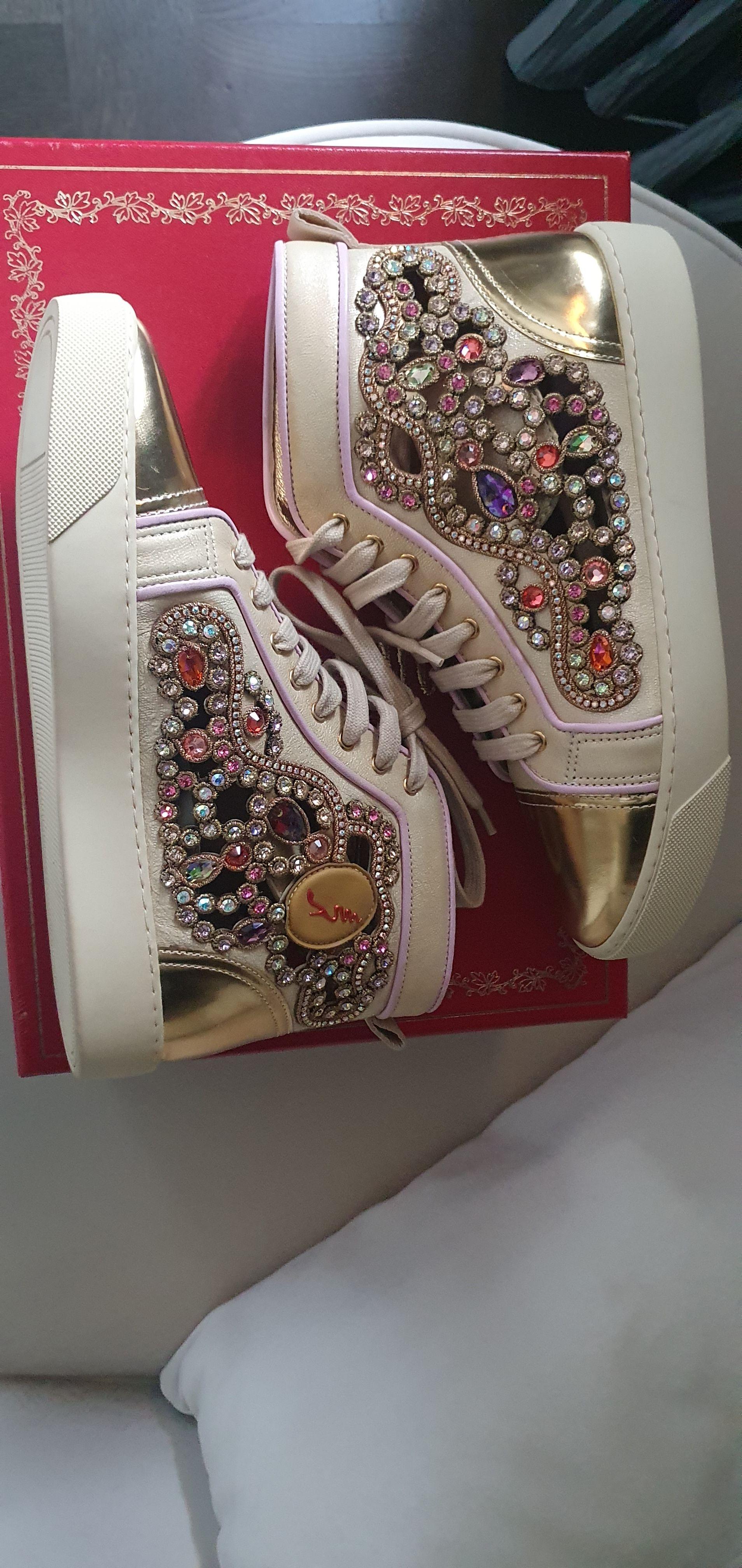 Metallic gold leather & crystal cut-out trainers