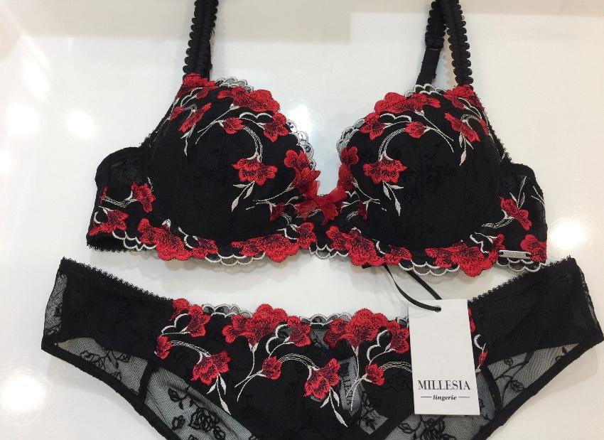 Millesia Embroidered Flowers Red & Black Padded Bra & Thong Set