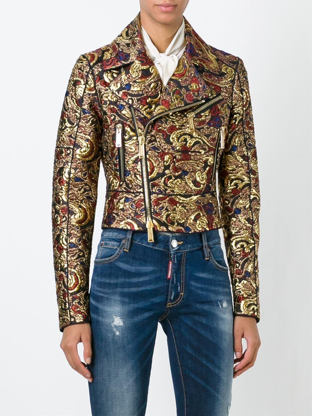 DSquared2 Metallic Gold Brocade Biker Jacket