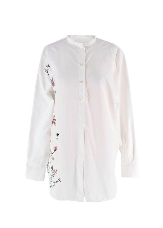 Dior White Floral Embroidered Collarless Shirt