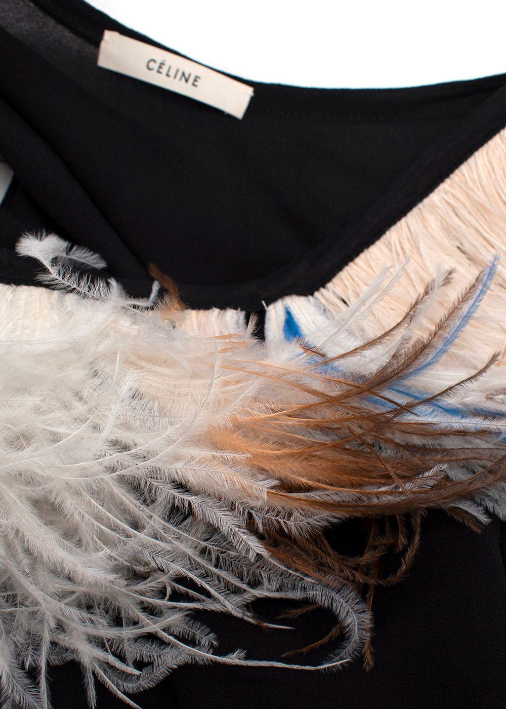 Celine Black Silk Tank Top with Ostrich Feather Trim Sheer Top