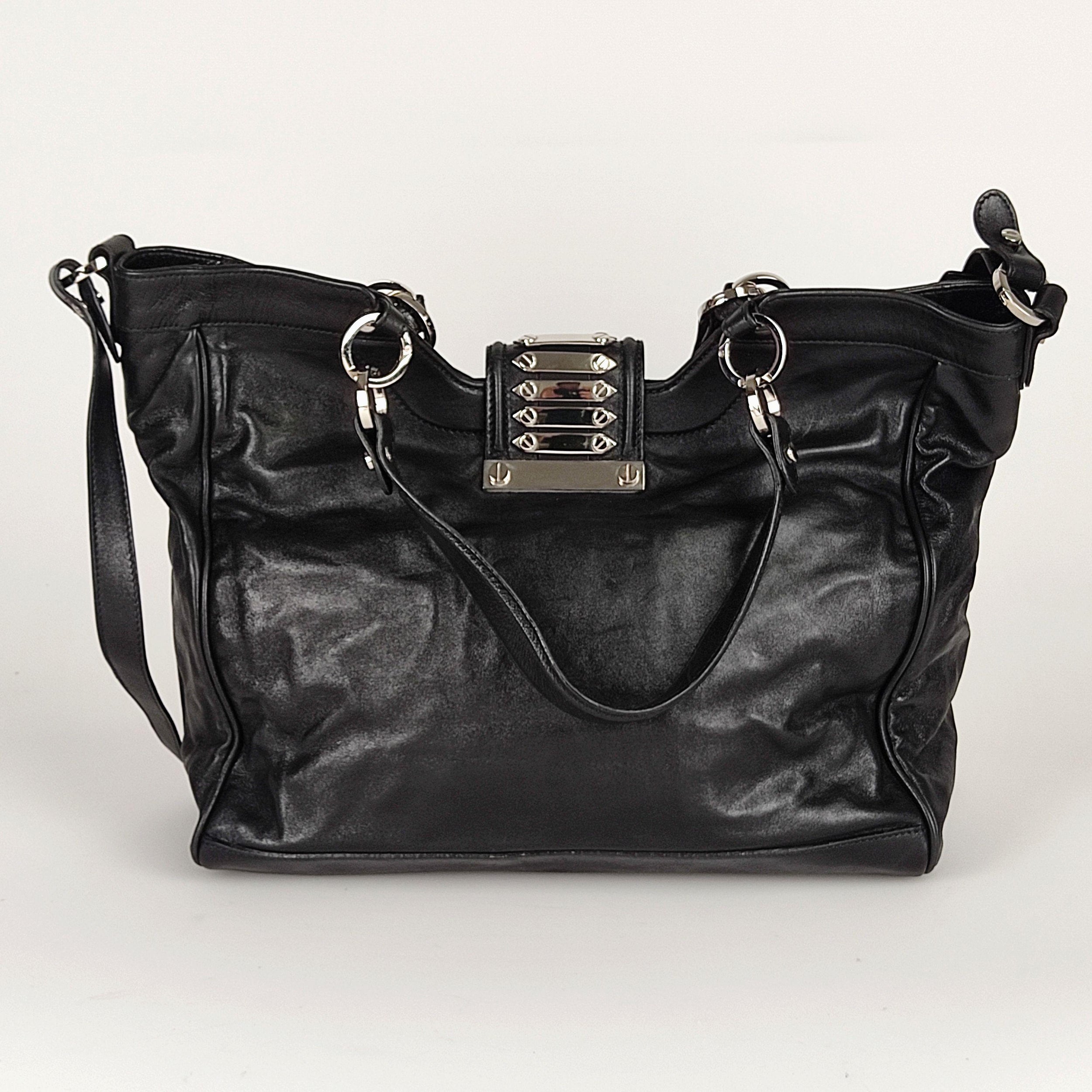 Black leather silver-tone studded tote bag