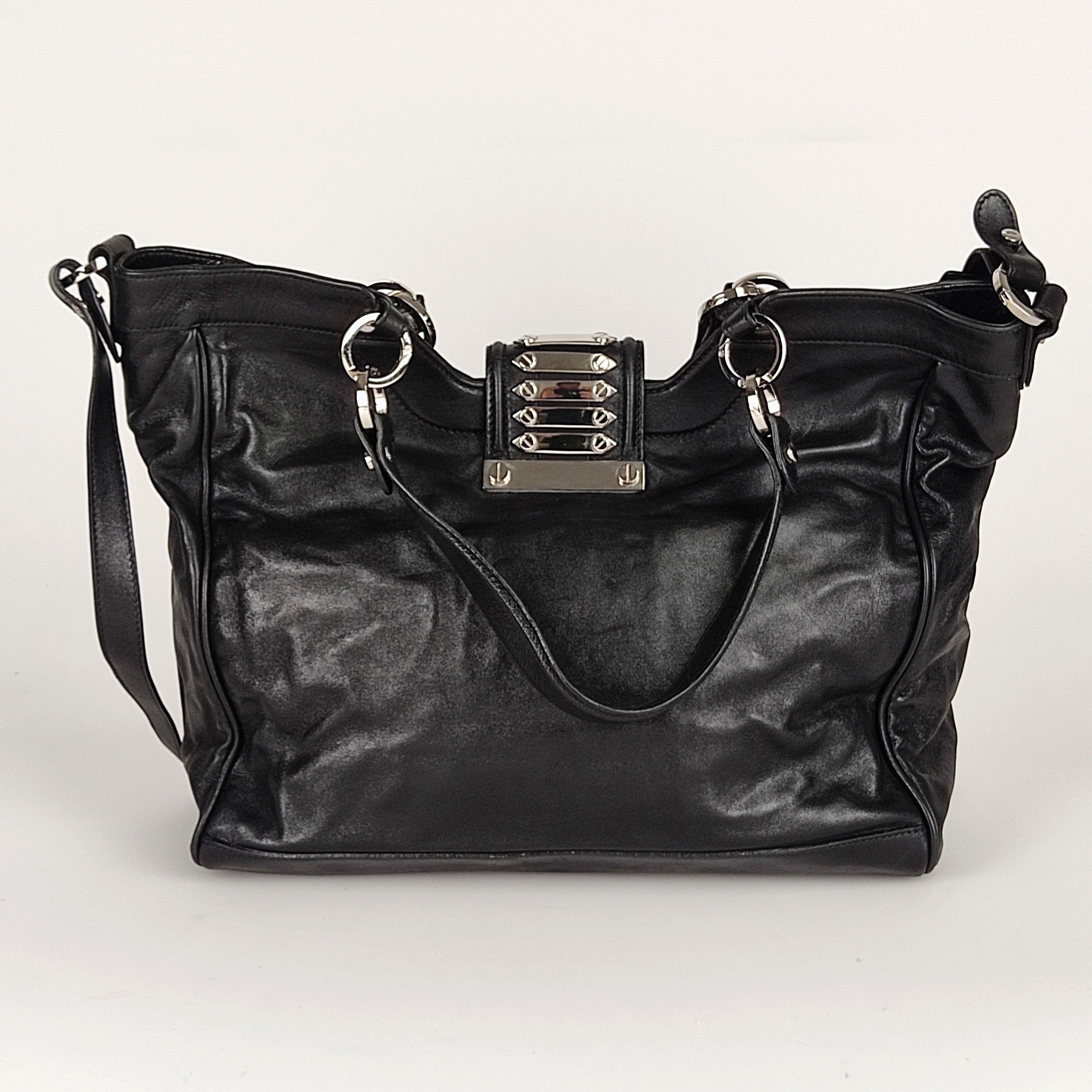 Black leather silver-tone studded tote bag