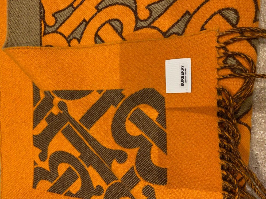 Burberry Orange & Archive Beige TB Monogram Cashmere Throw