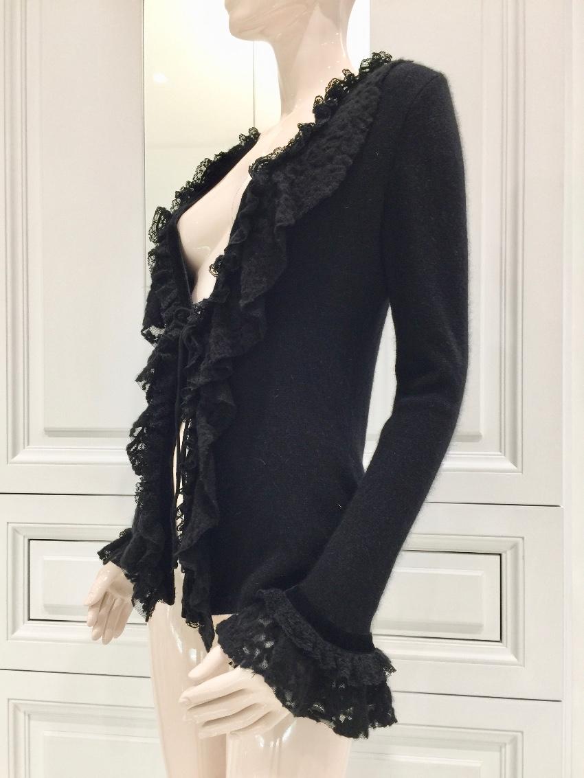 Blumarine Black Angora Wool & Leavers Lace Soft Jacket Cardigan