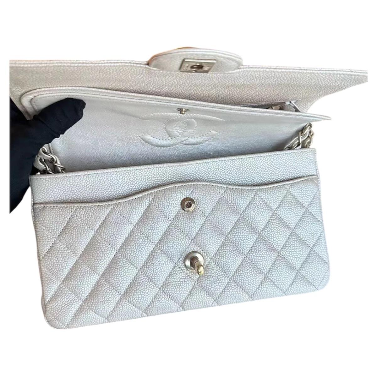 Iridescent Beige Medium  Quilted Caviar Grained Calfskin Double Flap Bag