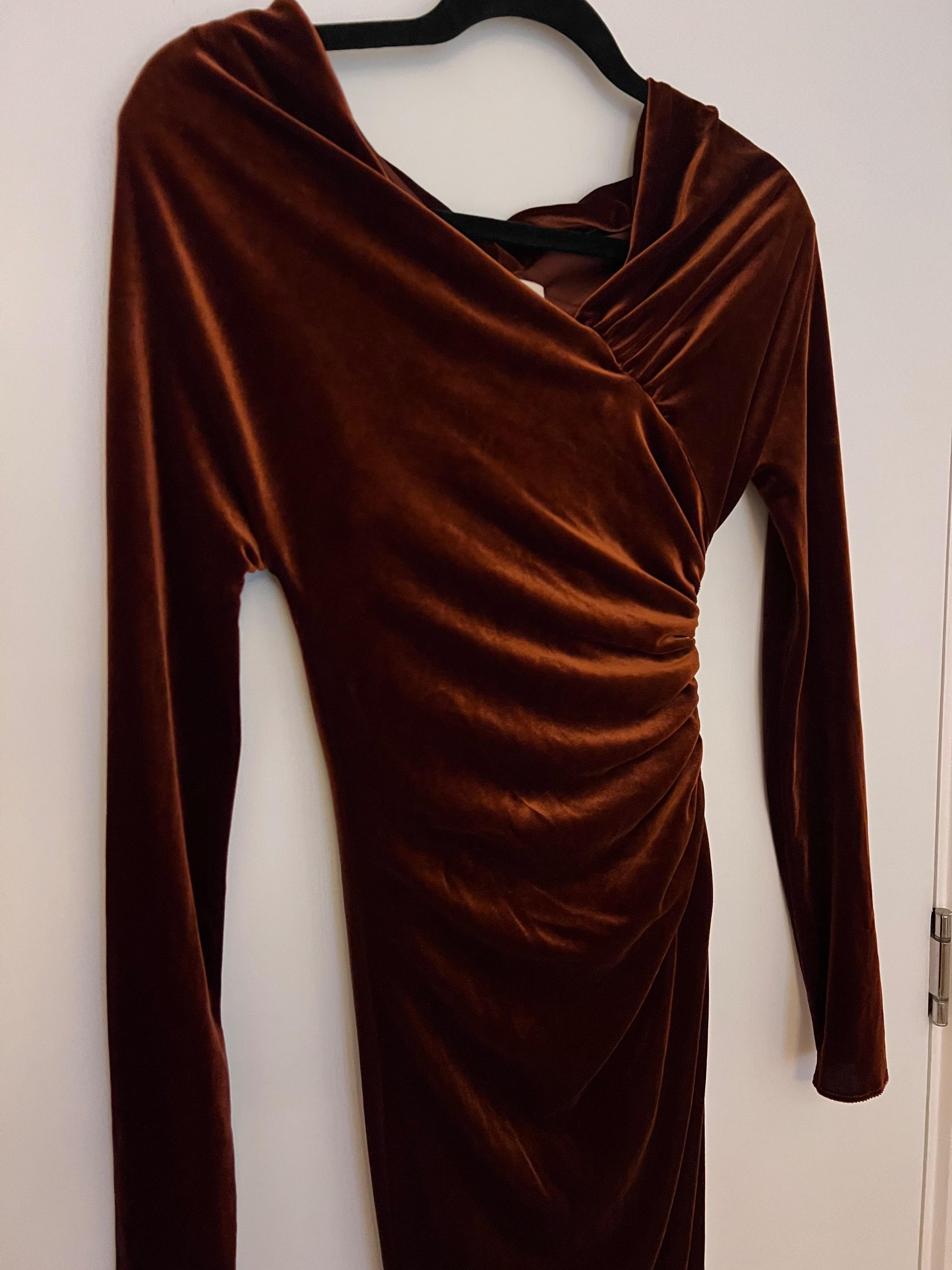Cinnamon Velvet Long Off-Shoulder Dress