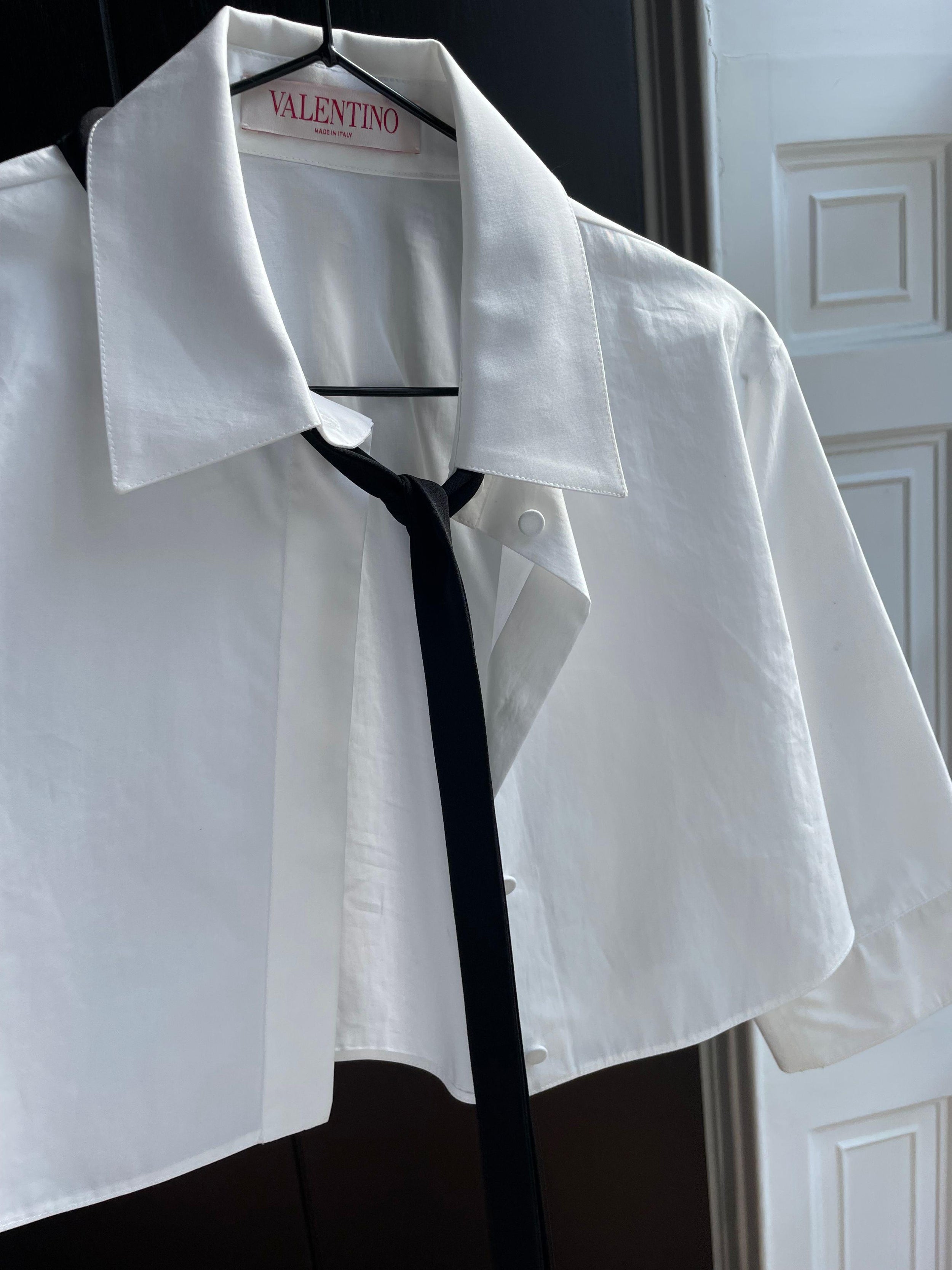 Valentino White Cropped Blouse with Velvet Bow Detail