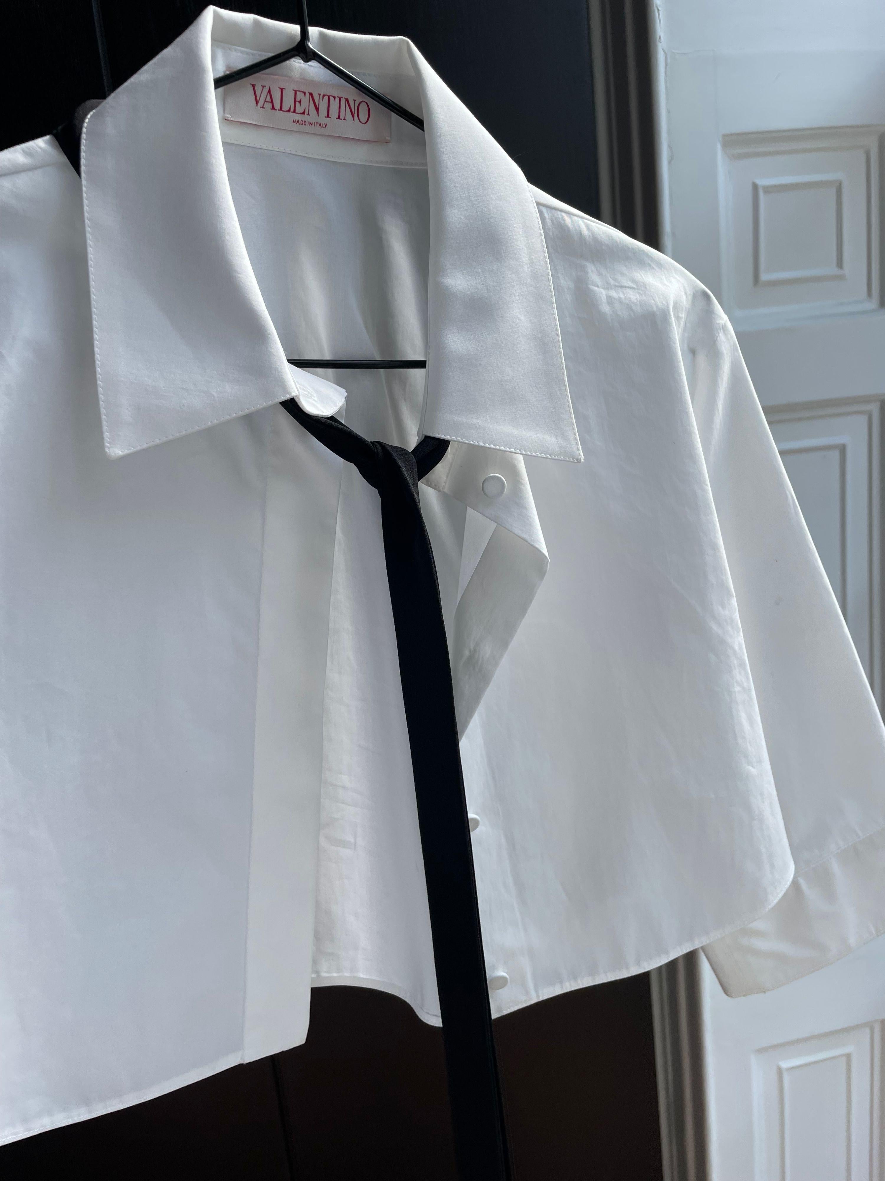 Valentino White Cropped Blouse with Velvet Bow Detail