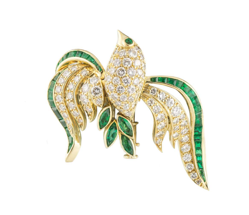Bespoke Yellow Gold Bird Brooch with Emeralds & Diamonds