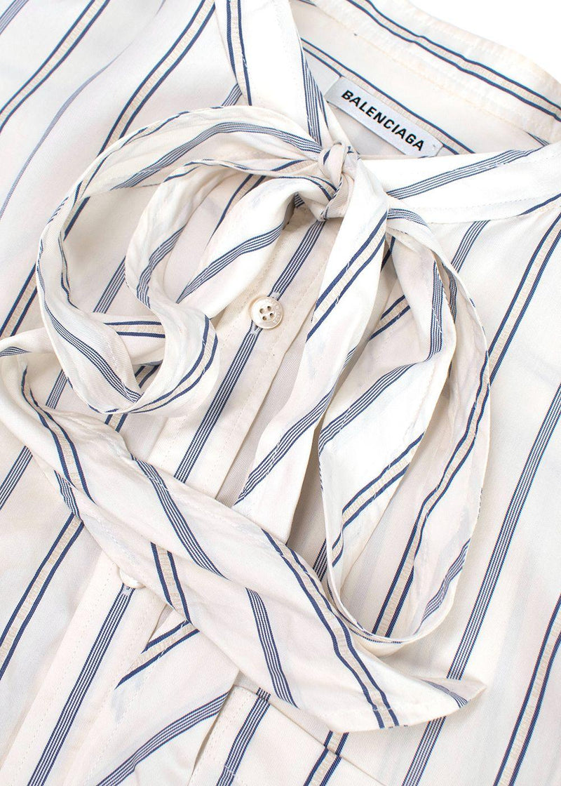Balenciaga White and Blue Striped Silk Logo Shirt