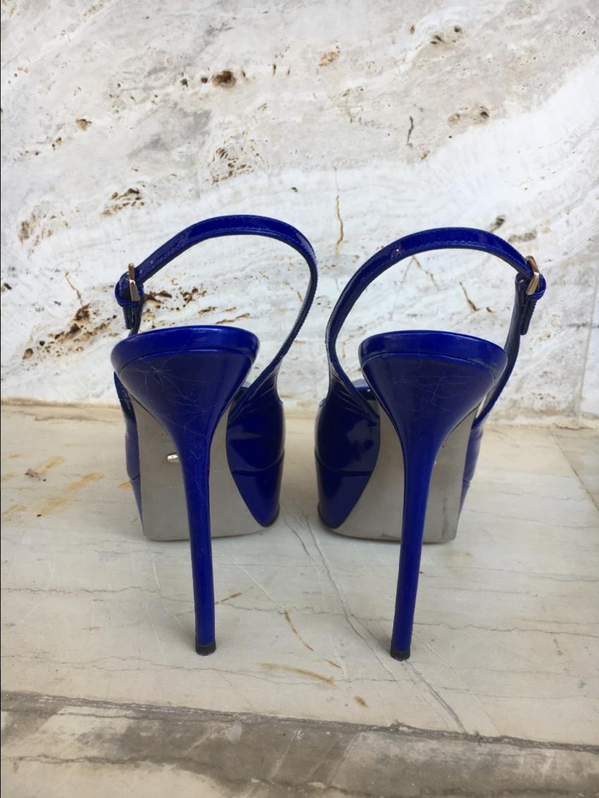 Sergio Rossi Blue Patent Peep-Toe Slingback Pumps