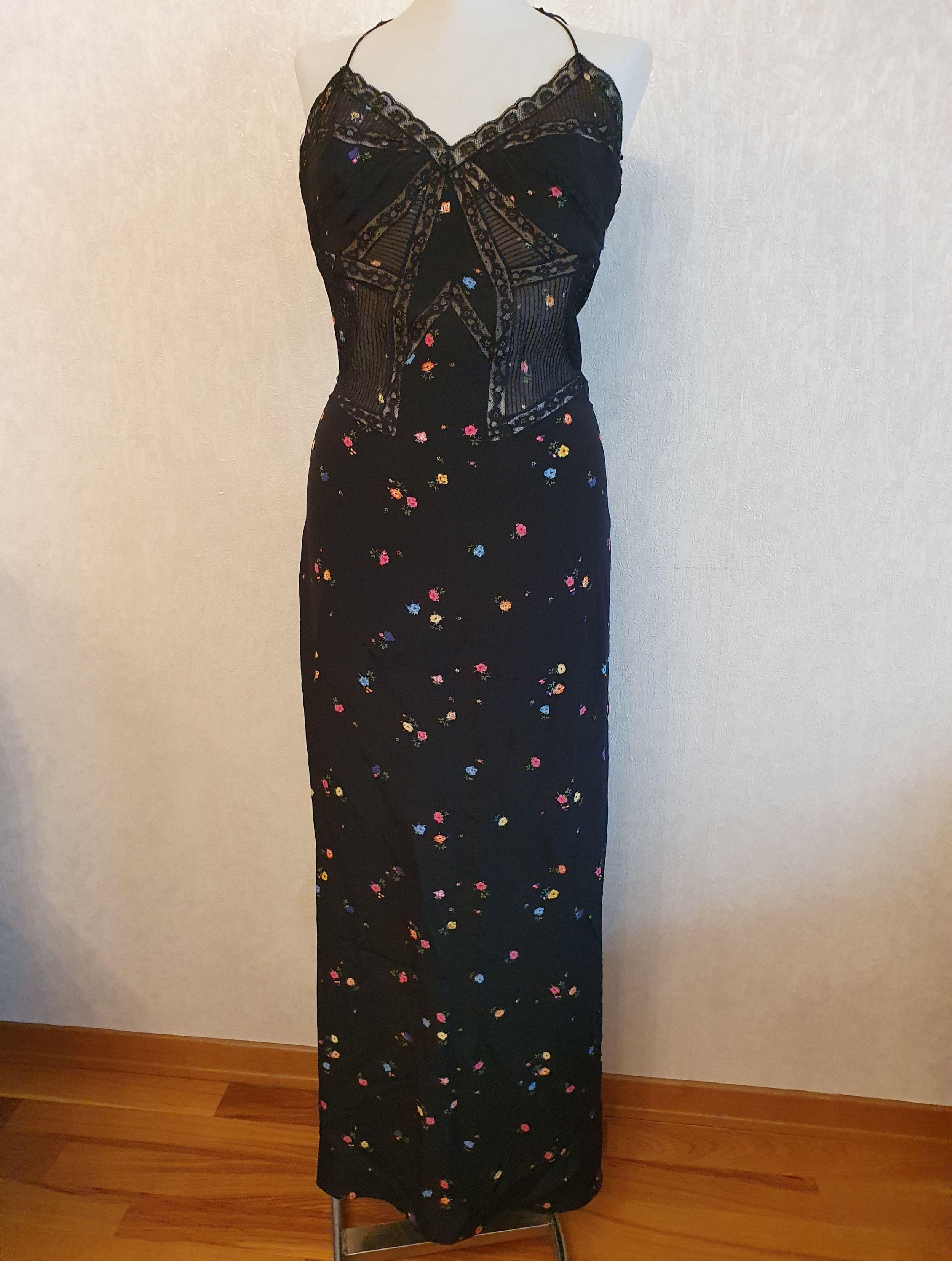 Black floral silk crepe & lace slip dress