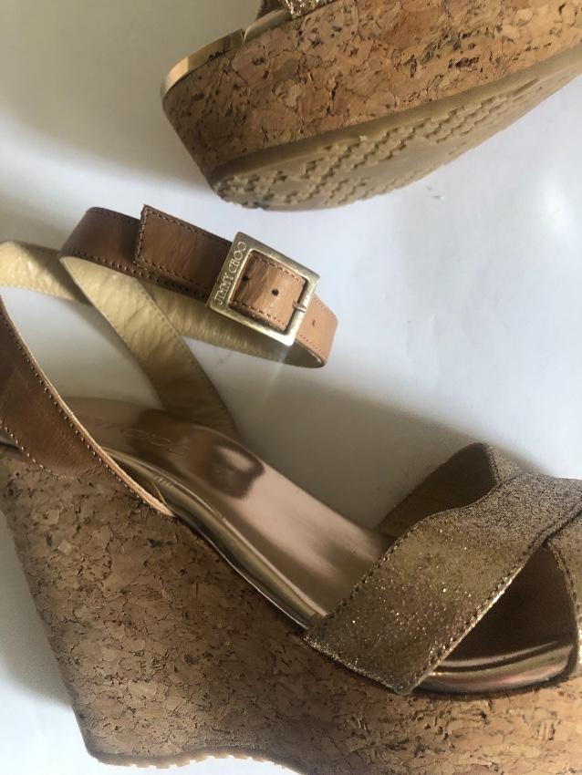 Jimmy Choo Gold Crossover Leather Wedges