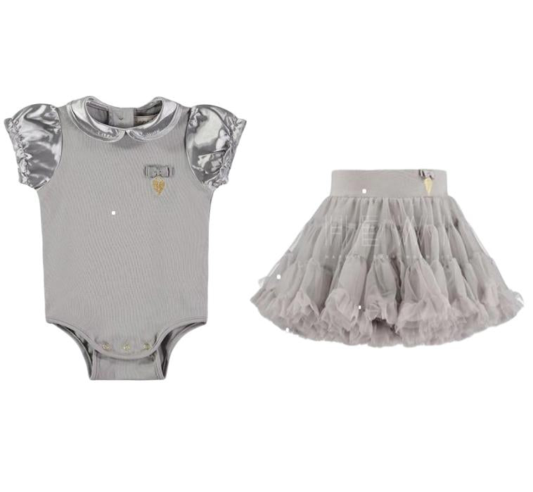Angels Face Ash Grey Satin Sleeve Baby Grow & Trinity Tutu Skirt